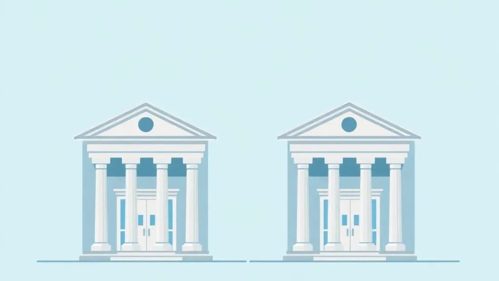 Illustration : deux bâtiments bancaires à colonnes — BoursoBank Pro et Hello bank! Pro