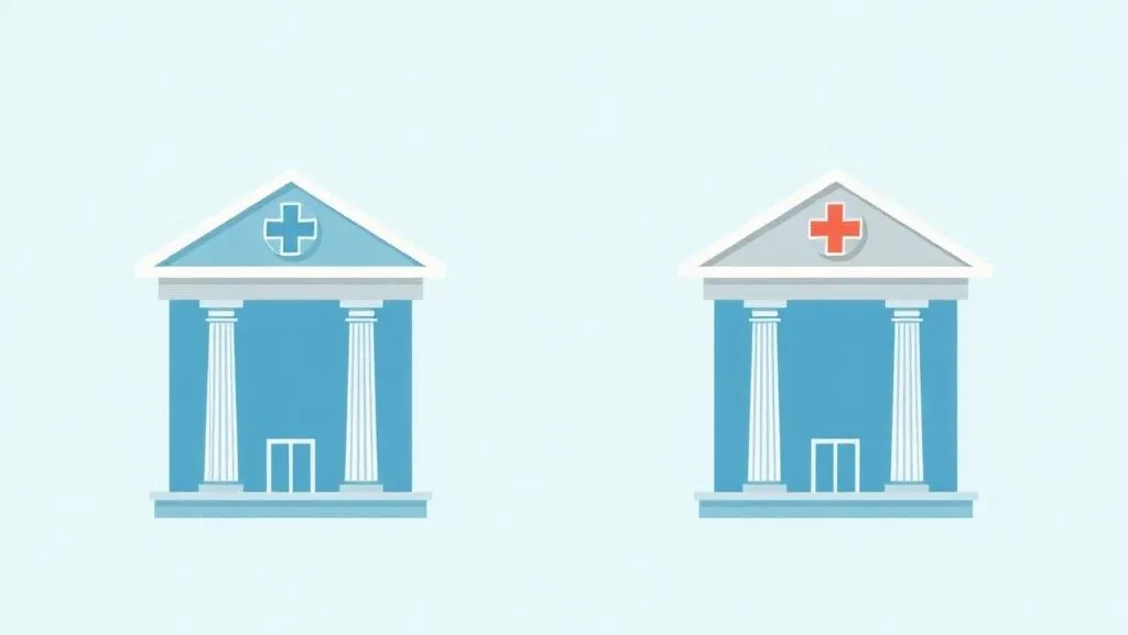 Illustration : deux bâtiments bancaires face à face — Shine et Qonto